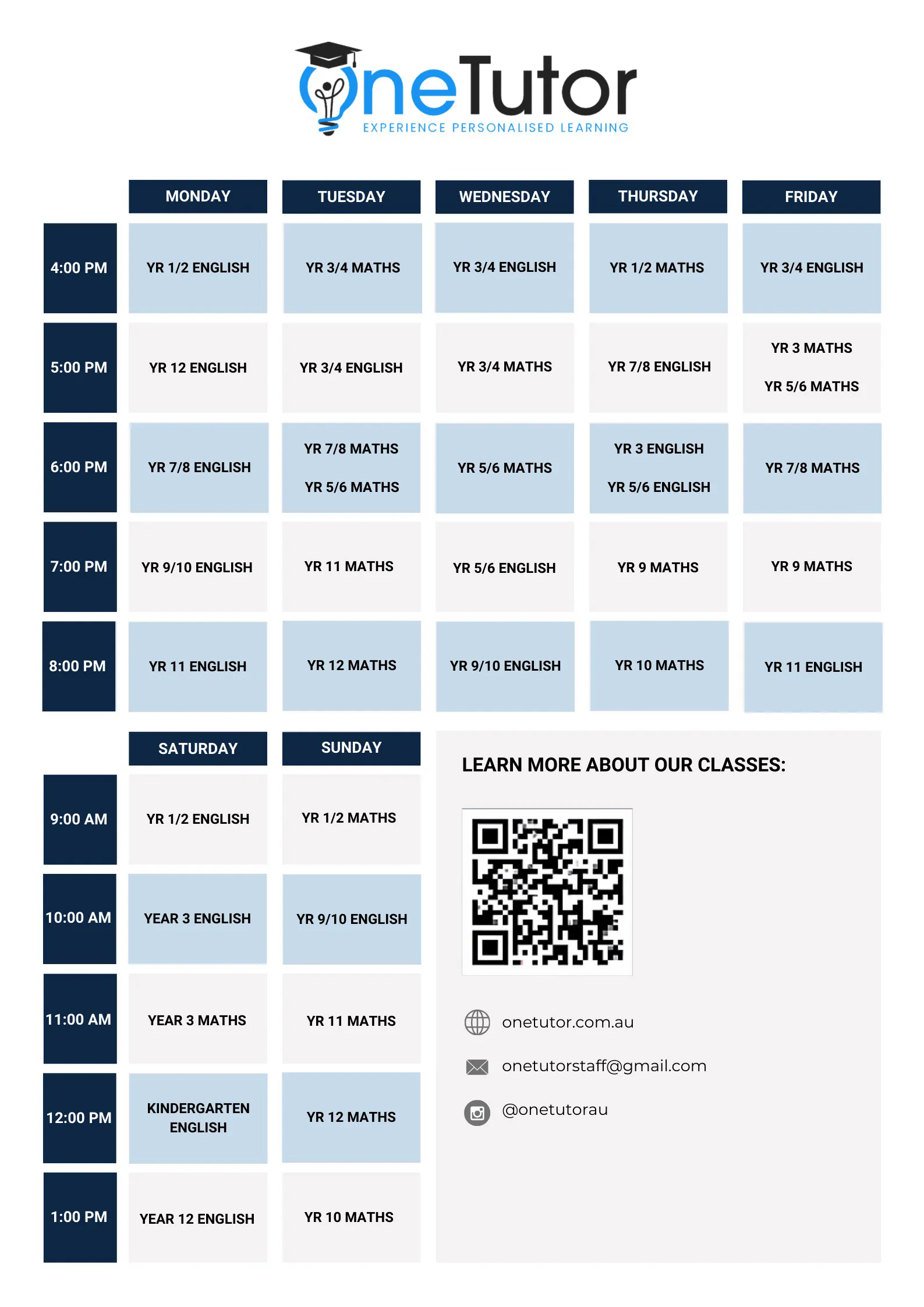 OneTutor Class Timetable